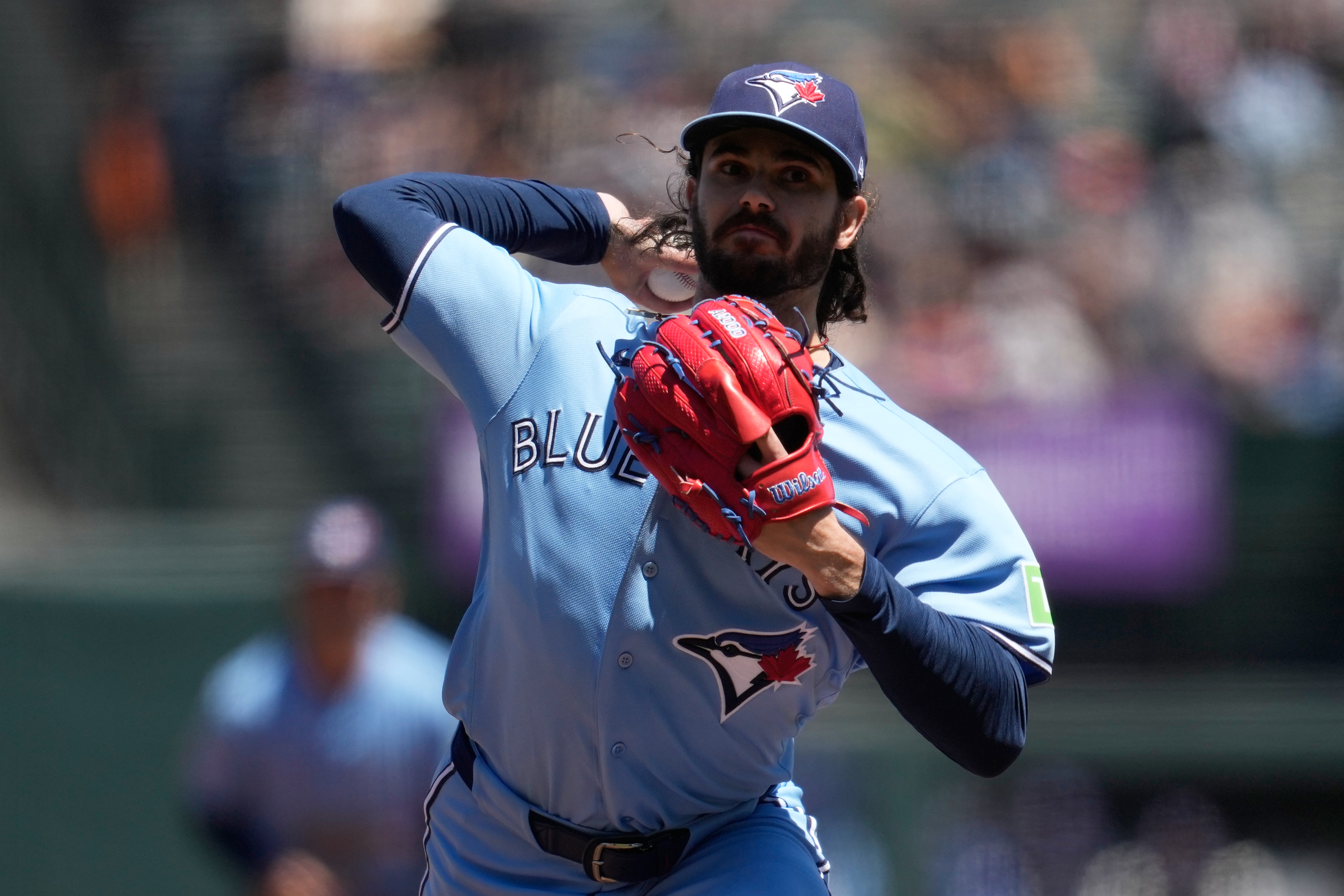 Toronto Blue Jays pitcher Dylan Cease throws against the San Francisco Giants during the fifth inning of a baseball game Wednesday, July 8, 2026, in San Francisco. 