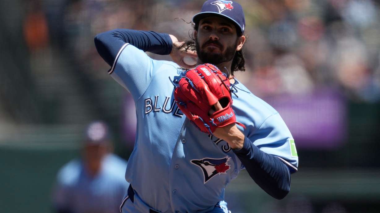Toronto Blue Jays pitcher Dylan Cease throws against the San Francisco Giants during the fifth inning of a baseball game Wednesday, July 8, 2026, in San Francisco.