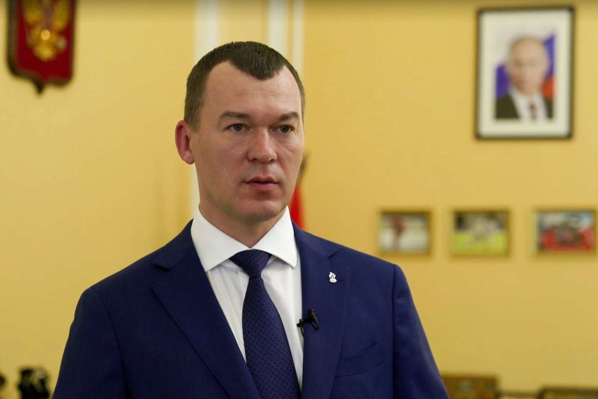 In this image made from video provided by Russian Ministery of Sports Press Service on Tuesday, Russian Sports Minister and Russian Olympic Committee President Mikhail Degtyarev speaks during recording a statement in Moscow.