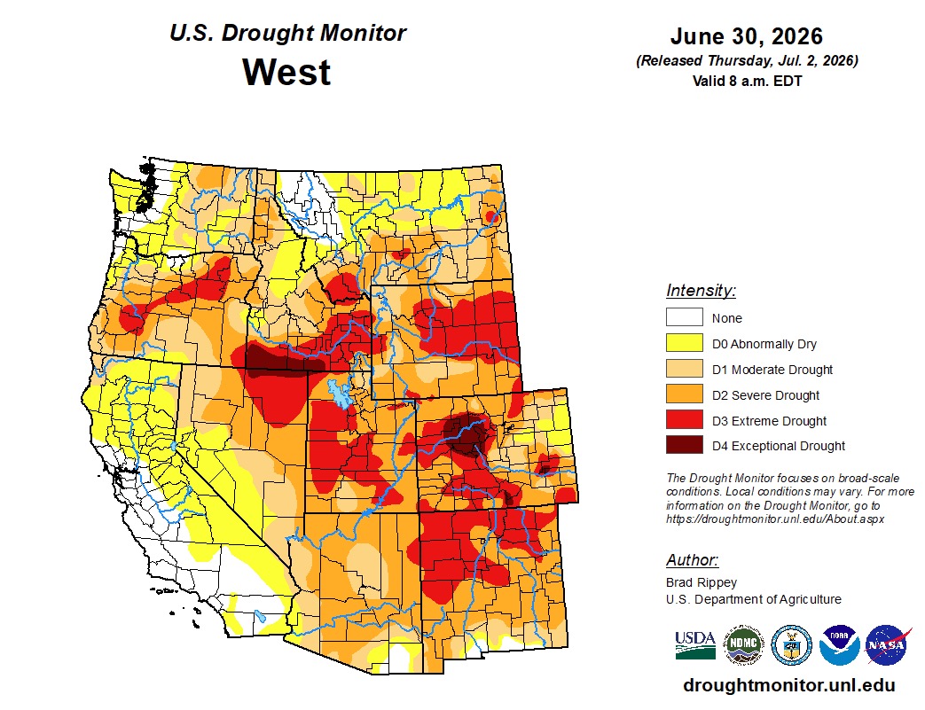 This map shows the West's drought situation heading into July. Over half of the region was listed in severe drought or worse.