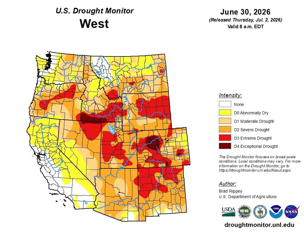 This map shows the West's drought situation heading into July. Over half of the region was listed in severe drought or worse.