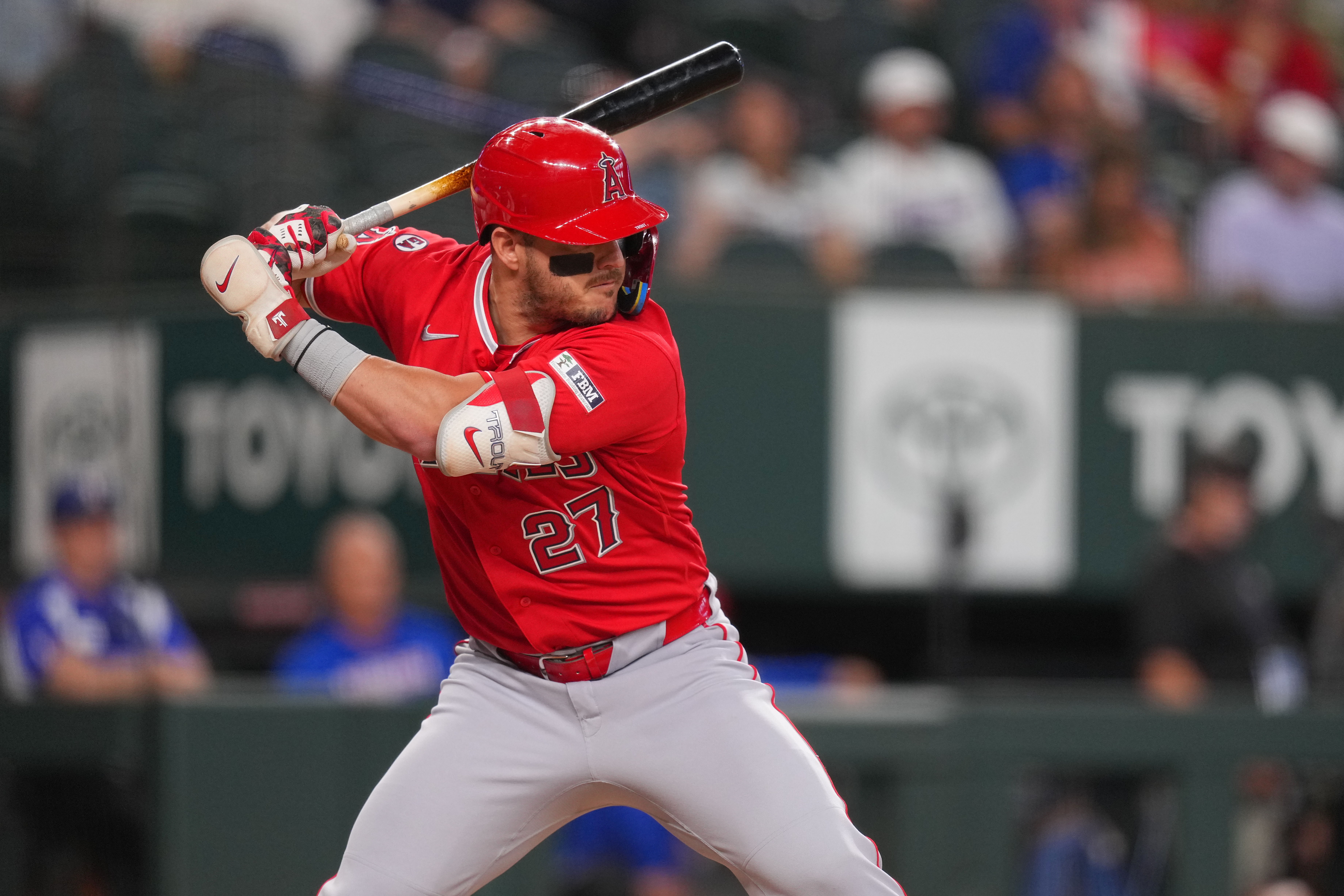 Los Angeles Angels designated hitter Mike Trout waits for a pitch from the Texas Rangers during the first inning of a baseball game, Wednesday, July 8, 2026, in Arlington, Texas. 