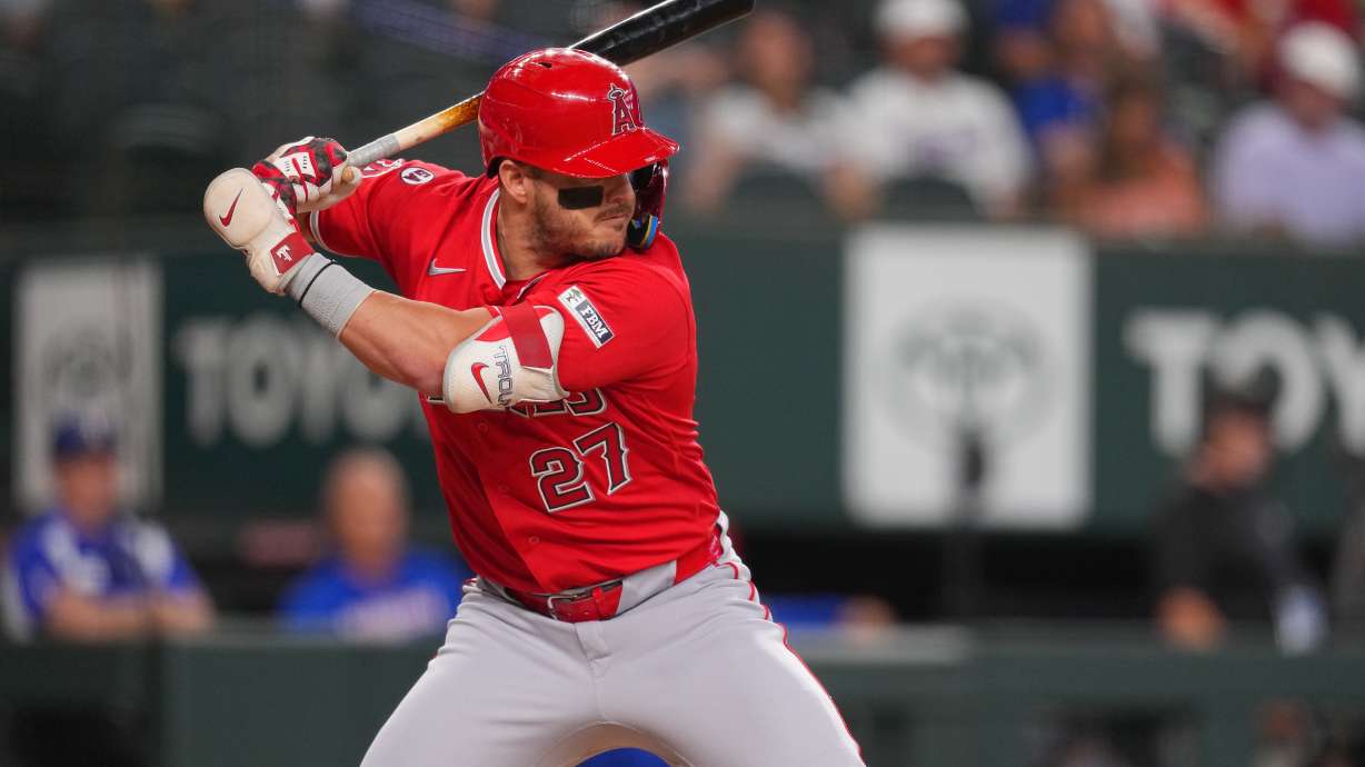 Los Angeles Angels designated hitter Mike Trout waits for a pitch from the Texas Rangers during the first inning of a baseball game, Wednesday, July 8, 2026, in Arlington, Texas.