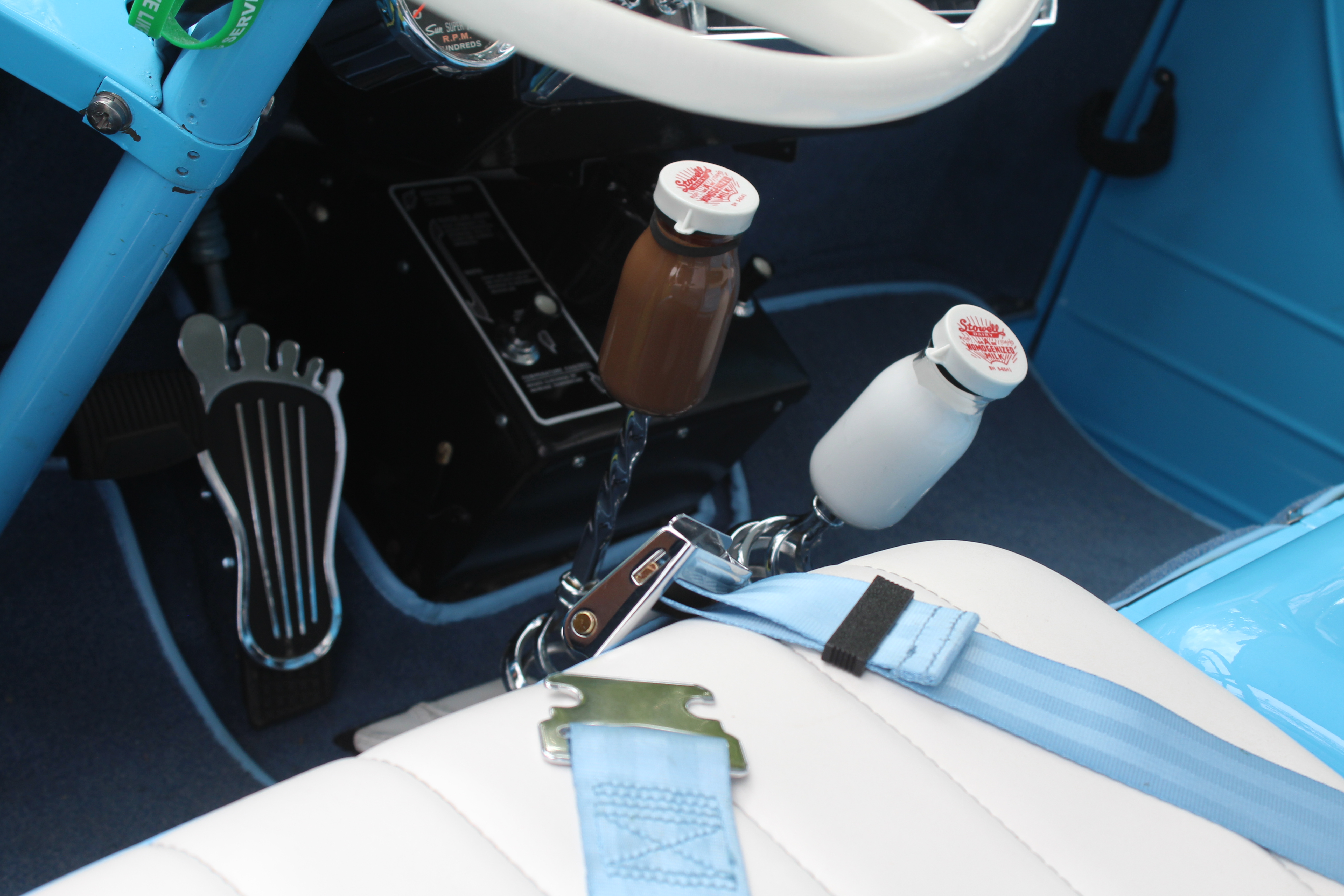 The chocolate milk shifter is used for first gear and reverse, the whole milk for second and third gears.
