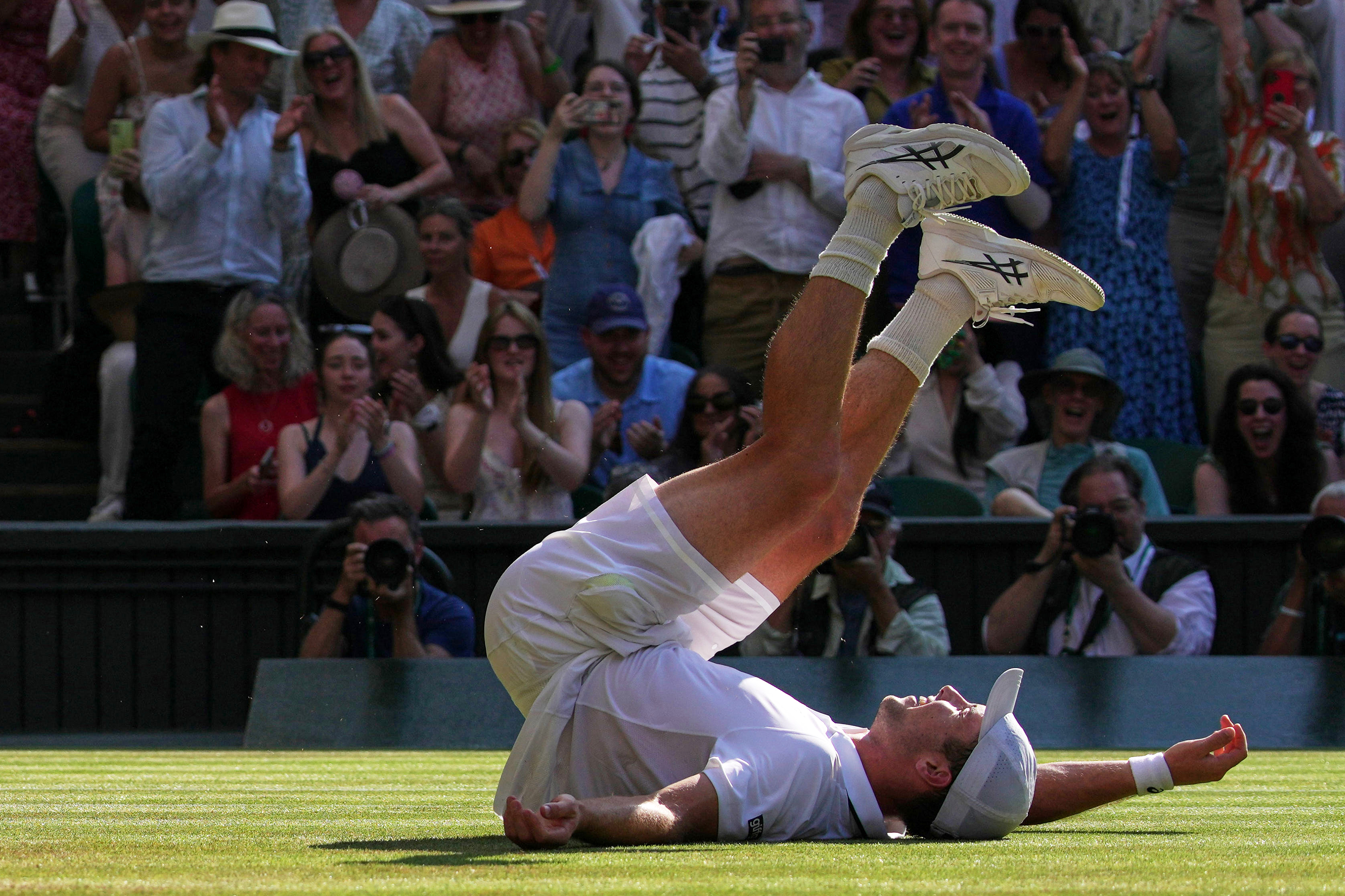 Arthur Fery of Britain reacts to winning against Flavio Cobolli of Italy in their quarter-final men's singles match at the Wimbledon Tennis Championships in London, Wednesday, July 8, 2026. 