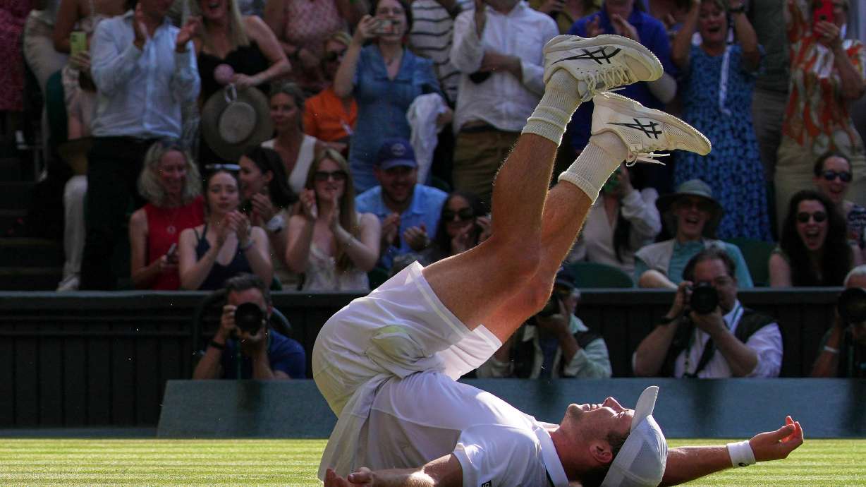 Arthur Fery of Britain reacts to winning against Flavio Cobolli of Italy in their quarter-final men's singles match at the Wimbledon Tennis Championships in London, Wednesday, July 8, 2026.