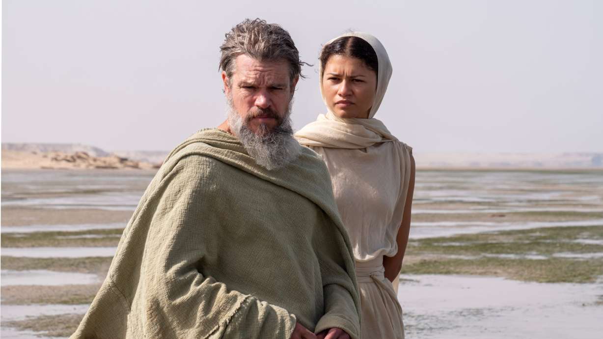 Matt Damon as Odysseus, left, and Zendaya as Athena, in a scene from "The Odyssey."