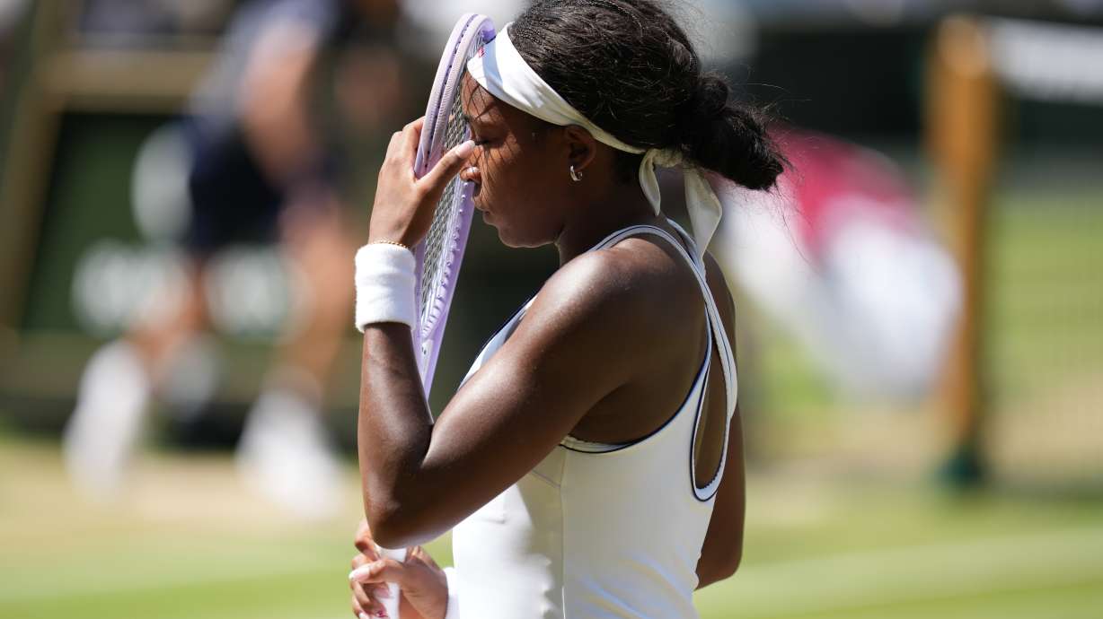 Coco Gauff of the United States reacts after losing a point against Karolina Muchova of the Czech Republic in their semifinal women's singles match at the Wimbledon Tennis Championships in London, Thursday, July 9, 2026.