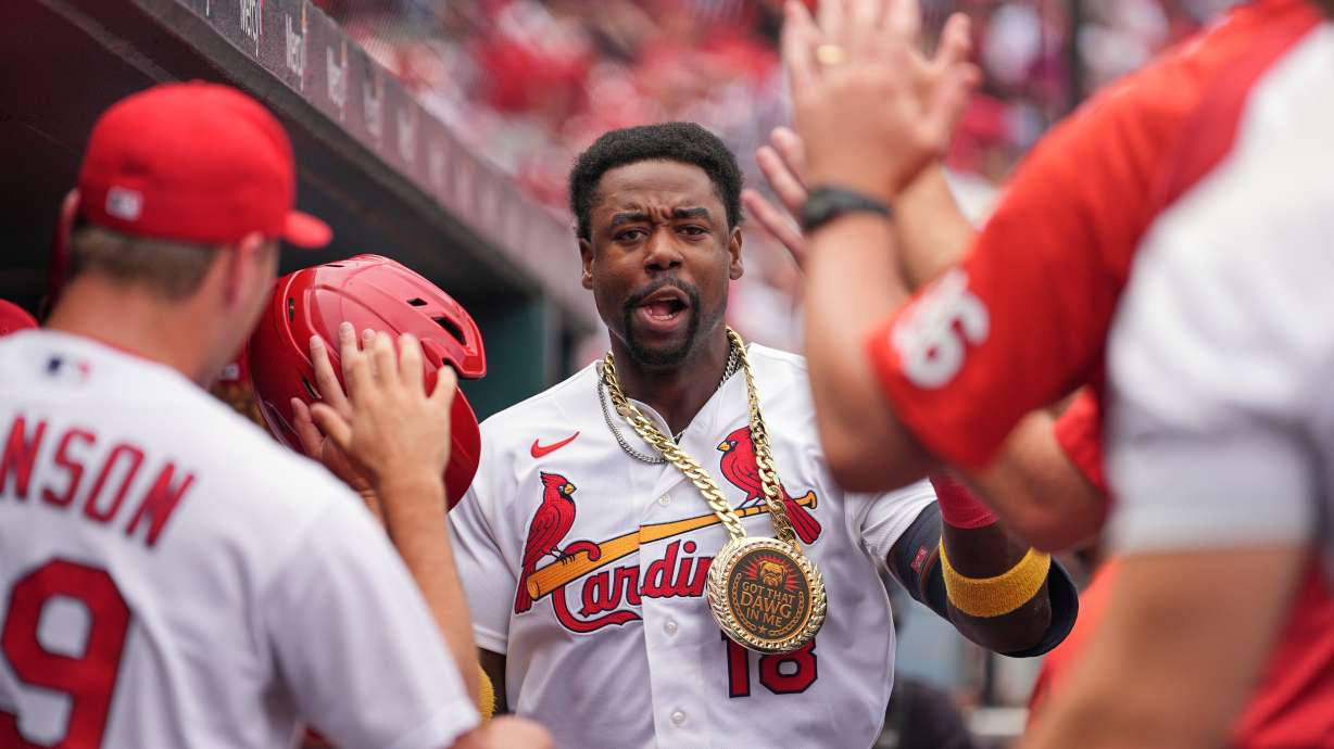 St. Louis Cardinals' Jordan Walker is congratulated by teammates after hitting a two-run home run during the first inning in the first game of a baseball doubleheader against the Milwaukee Brewers Tuesday, July 7, 2026, in St. Louis.