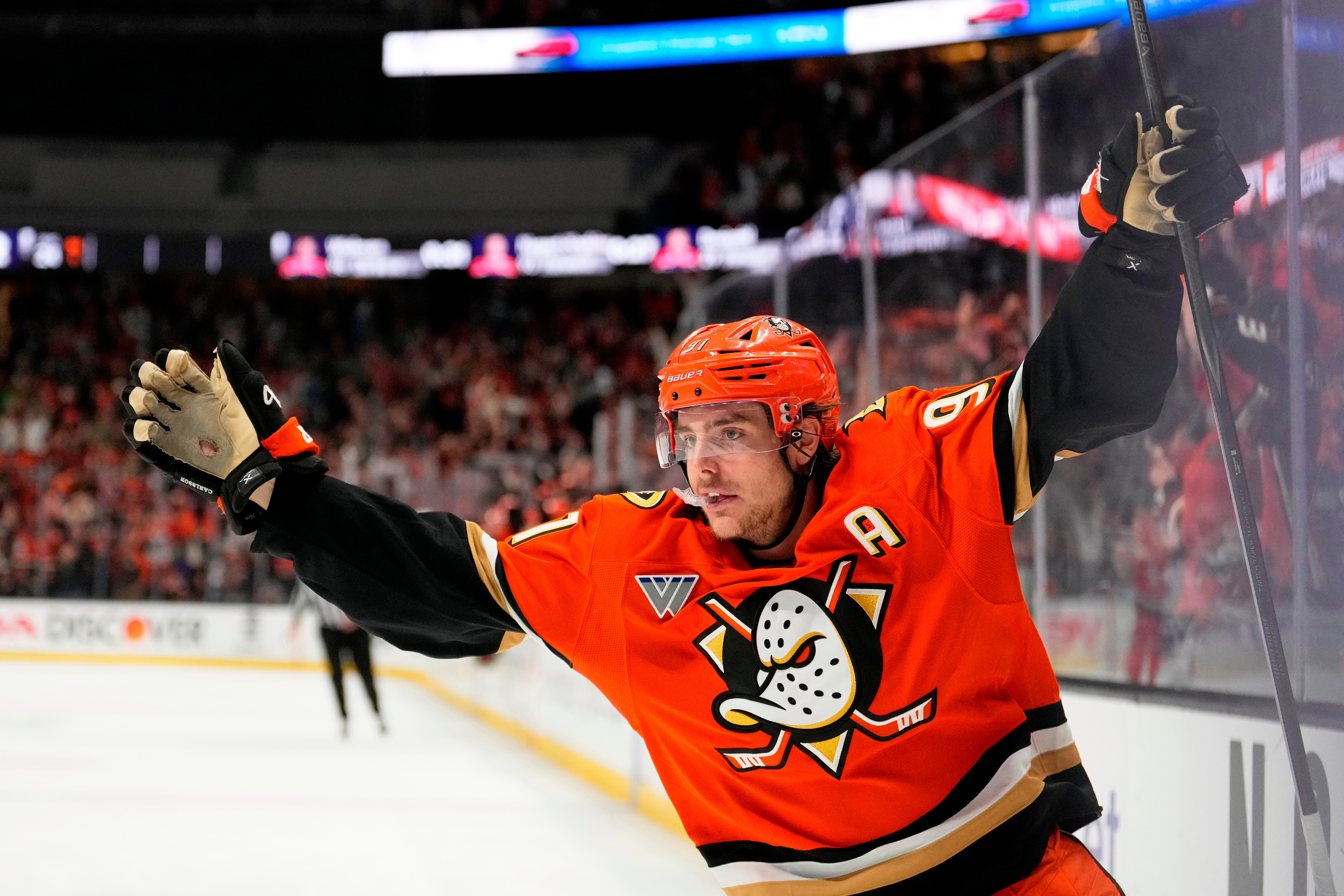 FILE - Anaheim Ducks center Leo Carlsson celebrates his empty net goal during the third period of Game 6 in the first round of the NHL hockey Stanley Cup playoffs series against the Edmonton Oilers, April 30, 2026, in Anaheim, Calif. 