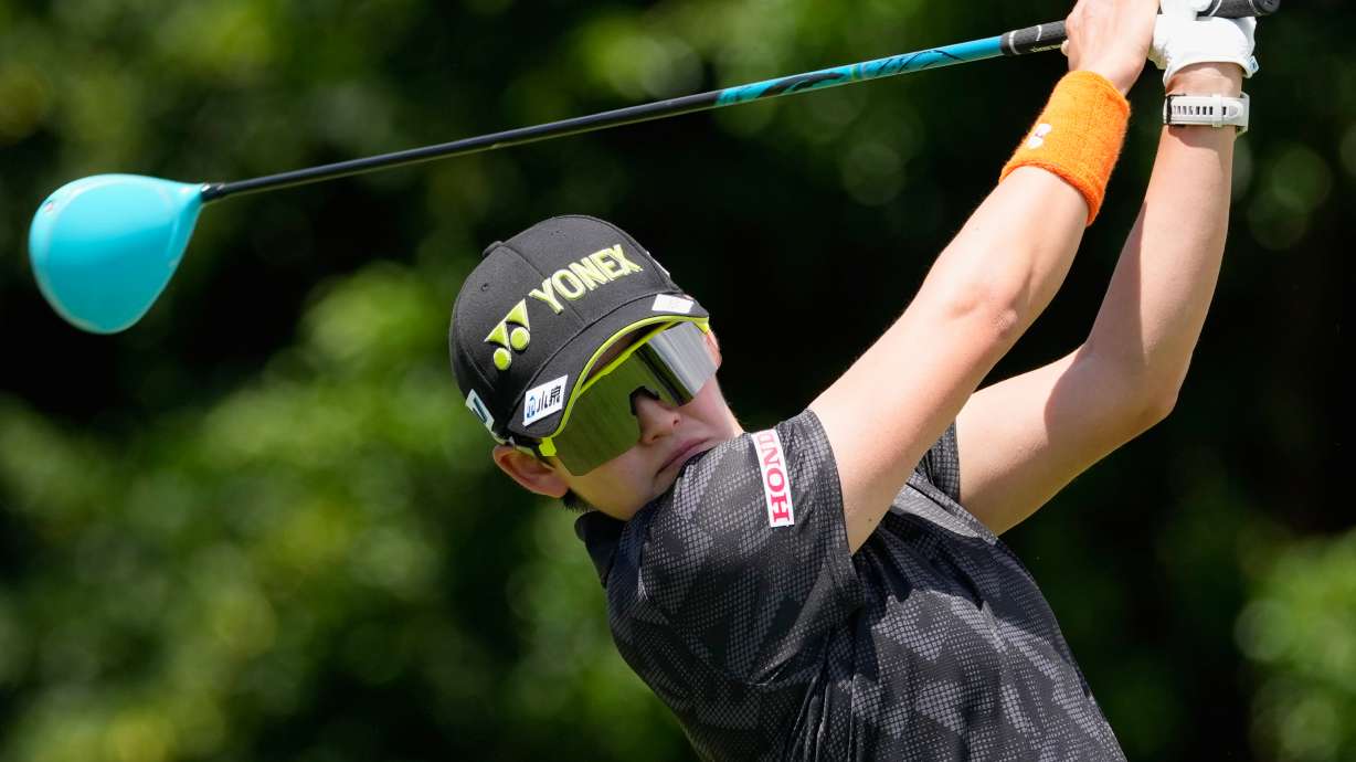 Aki Iwai, of Japan, drives from the 10th tee during the second round of the Women's PGA Championship golf tournament, Friday, June 26, 2026, in Chaska, Minn.