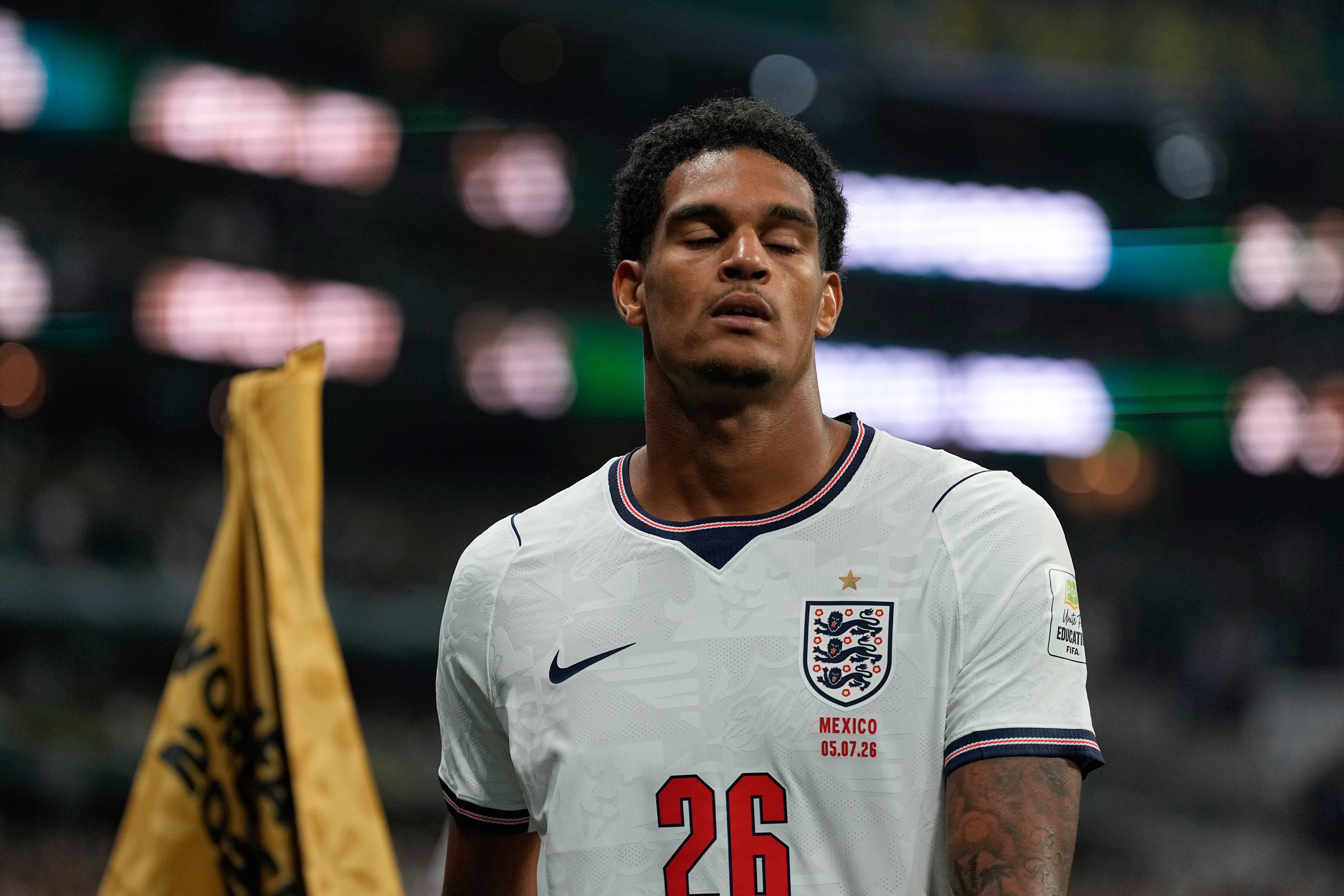 England's Jarell Quansah (26) leaves the field after receiving a red card during the World Cup round of 16 soccer match between Mexico and England in Mexico City, Sunday, July 5, 2026. 