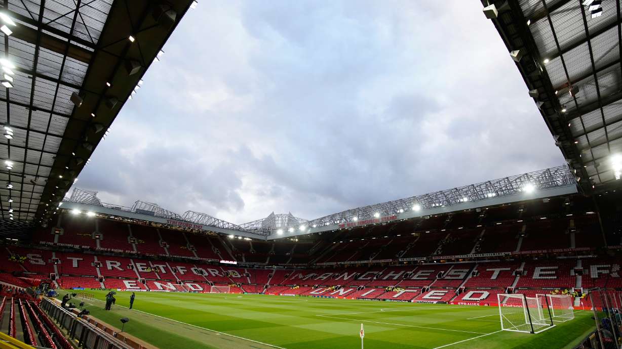 FILE - The Old Trafford stadium is seen before the Europa League soccer match between Manchester United and Real Sociedad in Manchester, England, March 13, 2025.