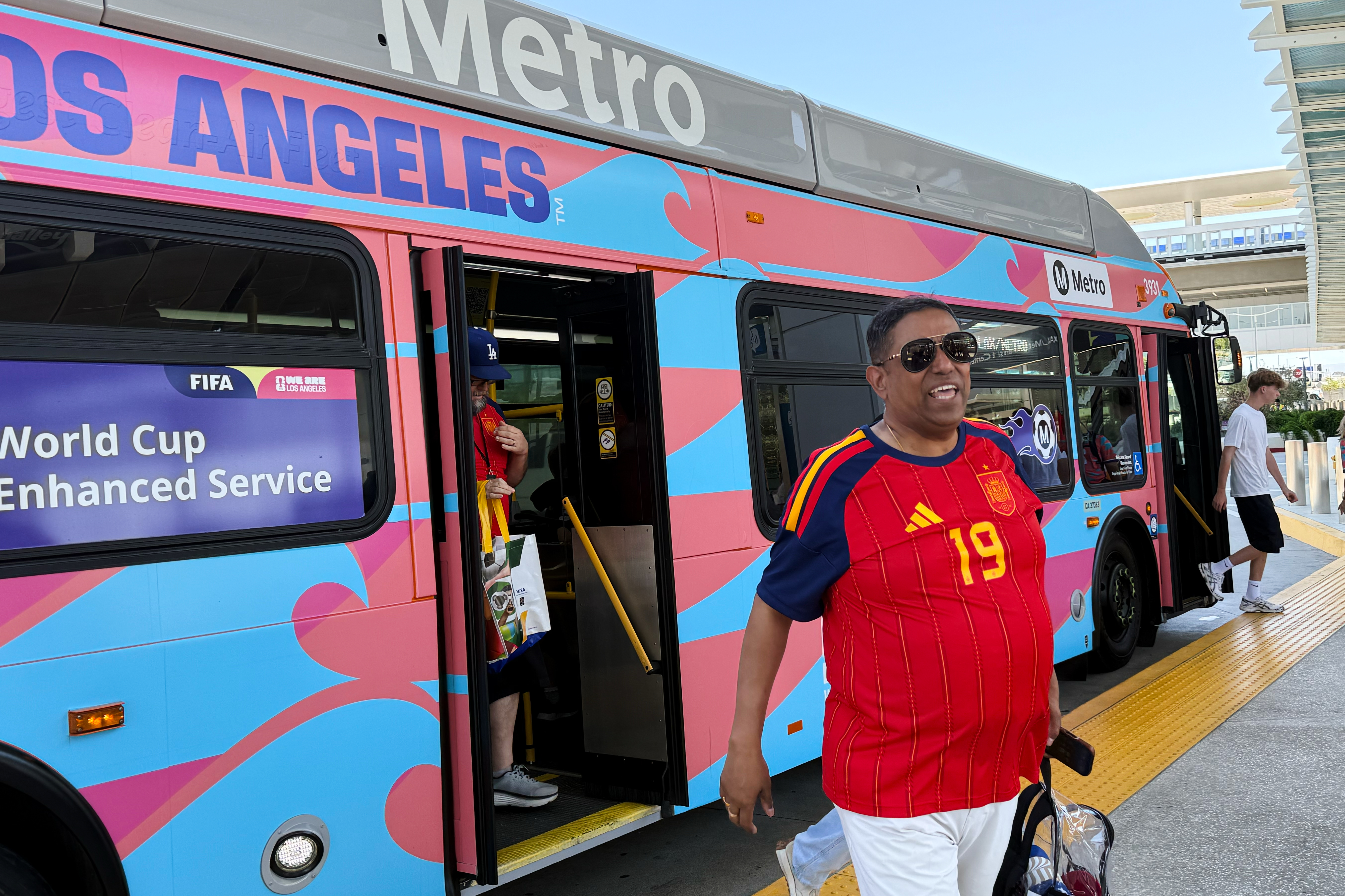 Fans exit a Metro shuttle after a World Cup match between Spain and Austria on Thursday, July 2, 2026, in Los Angeles. 