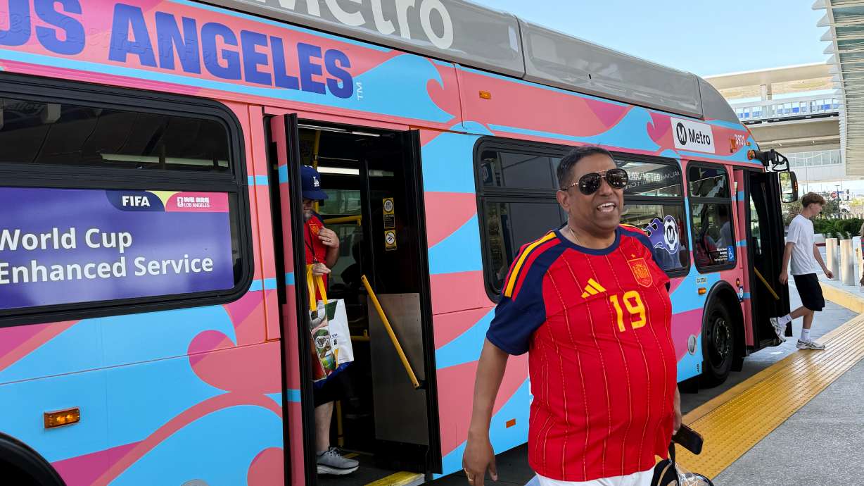 Fans exit a Metro shuttle after a World Cup match between Spain and Austria on Thursday, July 2, 2026, in Los Angeles.