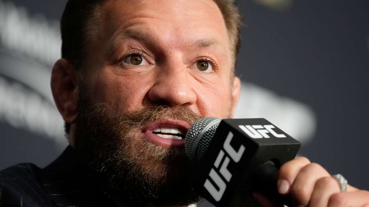 Conor McGregor speaks during a news conference for the UFC 329 mixed martial arts event Wednesday, July 8, 2026, in Las Vegas.