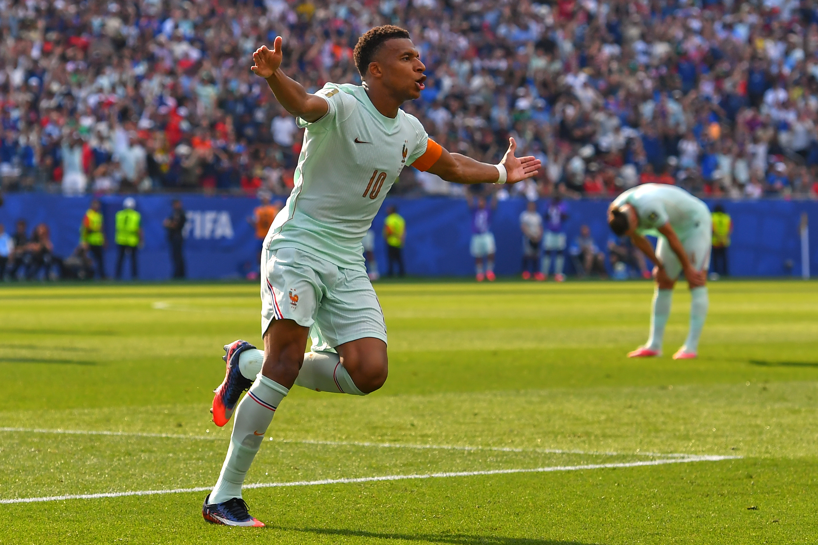 France's Kylian Mbappe (10) celebrates scoring the opening goal during the World Cup quarterfinal soccer match between France and Morocco in Foxborough, Mass., near Boston, Thursday, July 9, 2026. 