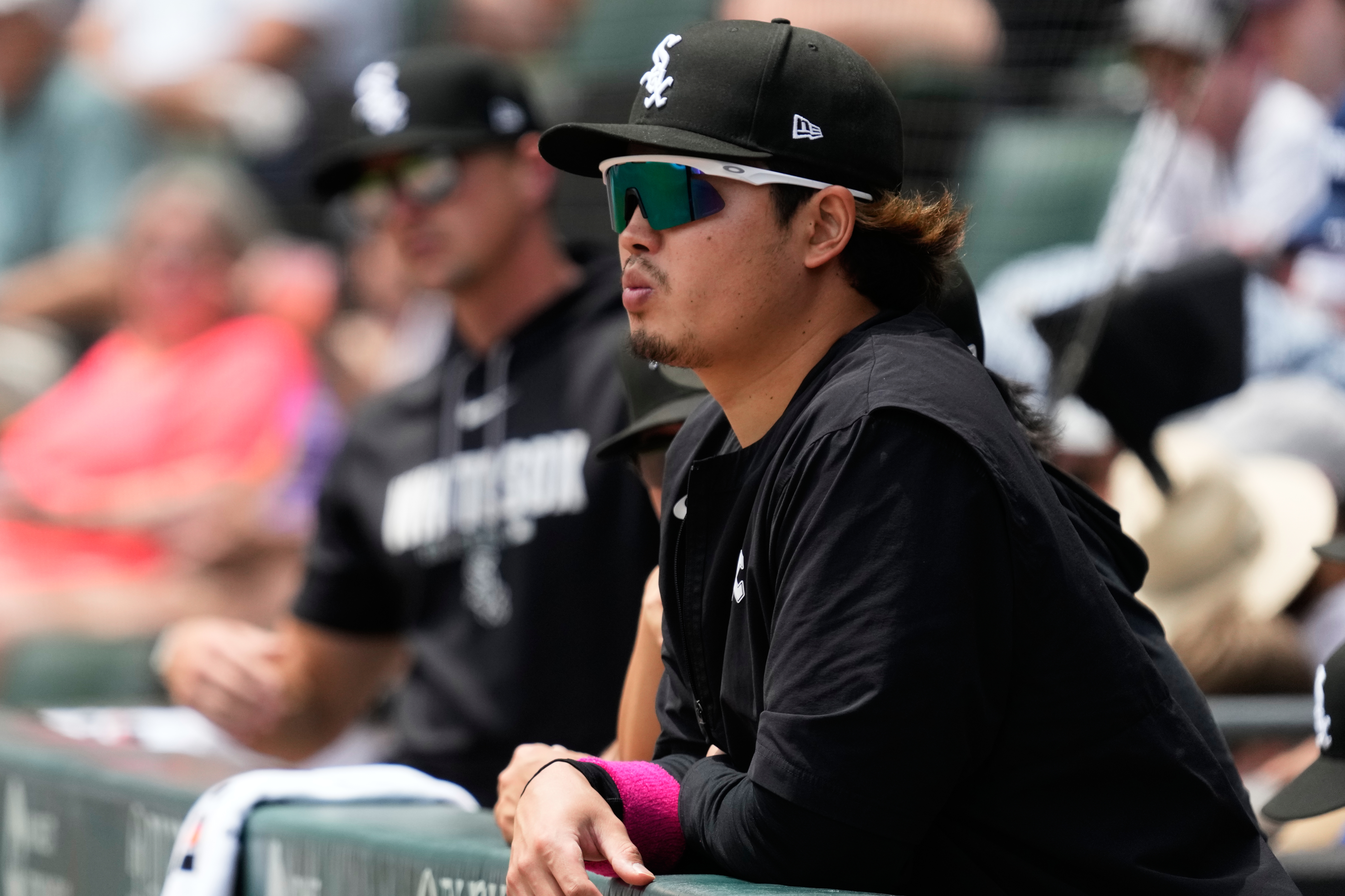 Chicago White Sox's Munetaka Murakami of Japan, watches teammates from the dugout during the first inning of a baseball game against the Kansas City Royals in Chicago, Sunday, June 28, 2026. 