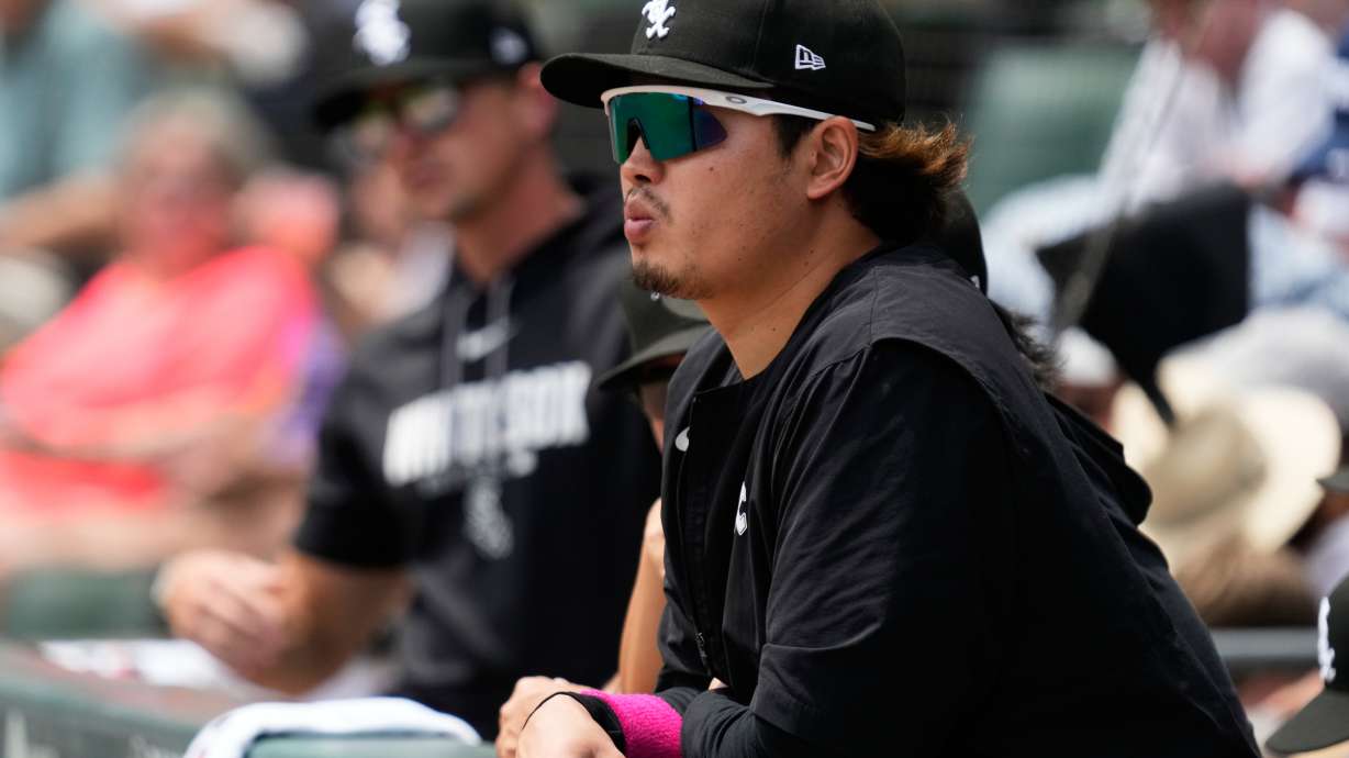 Chicago White Sox's Munetaka Murakami of Japan, watches teammates from the dugout during the first inning of a baseball game against the Kansas City Royals in Chicago, Sunday, June 28, 2026.