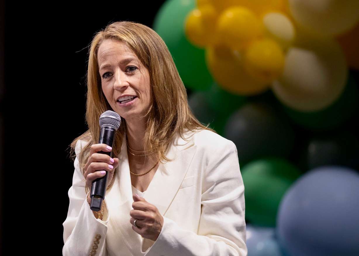 First lady Abby Cox speaks at the Show Up for Teachers/Educator Wellness Conference at the Mountain America Exposition Center in Sandy on Thursday.