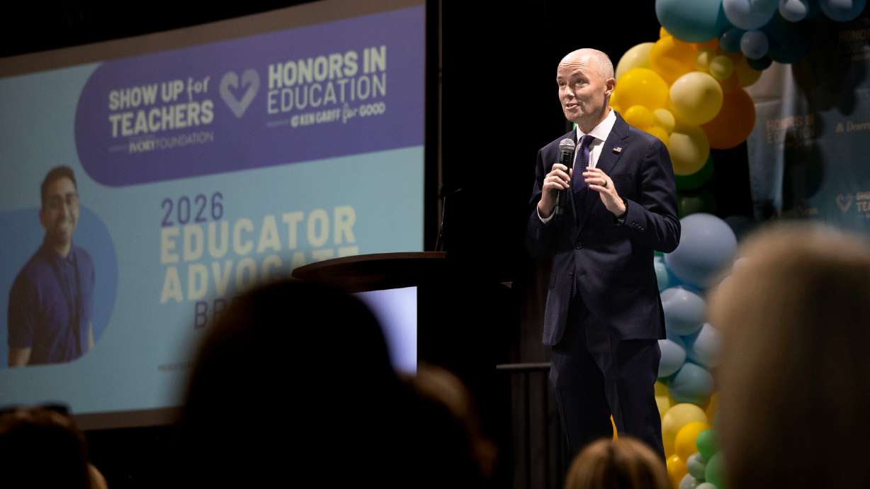 Gov. Spencer Cox speaks at the Show Up for Teachers/Educator Wellness Conference at the Mountain America Exposition Center in Sandy on Thursday.