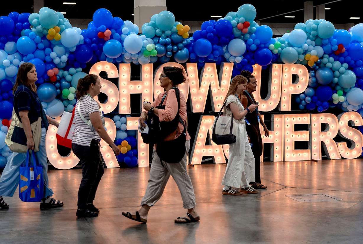 People attend the Show Up for Teachers/Educator Wellness Conference at the Mountain America Exposition Center in Sandy on Thursday.