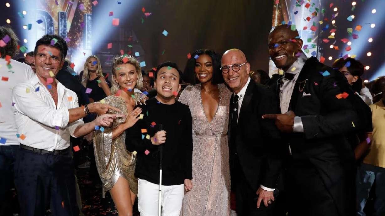 Simon Cowell, Julianne Hough, Kodi Lee, Gabrielle Union, Howie Mandel, Terry Crews celebrate in the finale episode of “America’s Got Talent.” The "AGT" judges recently called Lee's 2019 audition the show's "most memorable moment."