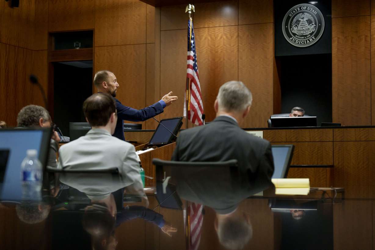 Deputy Utah County Attorney Ryan McBride questions Sgt. Jennifer Faumuina, not pictured, of the Utah Department of Public Safety, during a preliminary hearing for Tyler Robinson, second from left, who is accused in the fatal shooting of Charlie Kirk, at the 4th District Courthouse in Provo, Utah, on Thursday.
