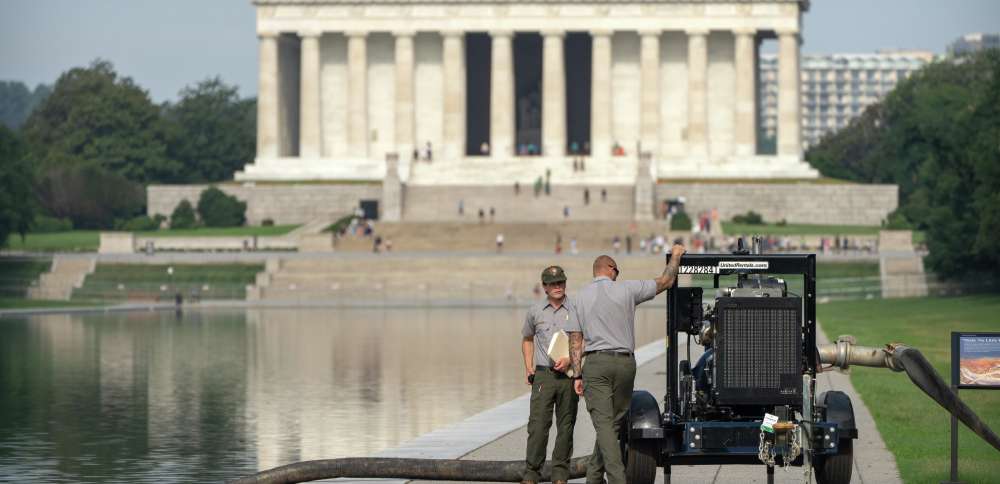 Crews are draining the Lincoln Memorial Reflecting Pool again as part of Trump's troubled revamp