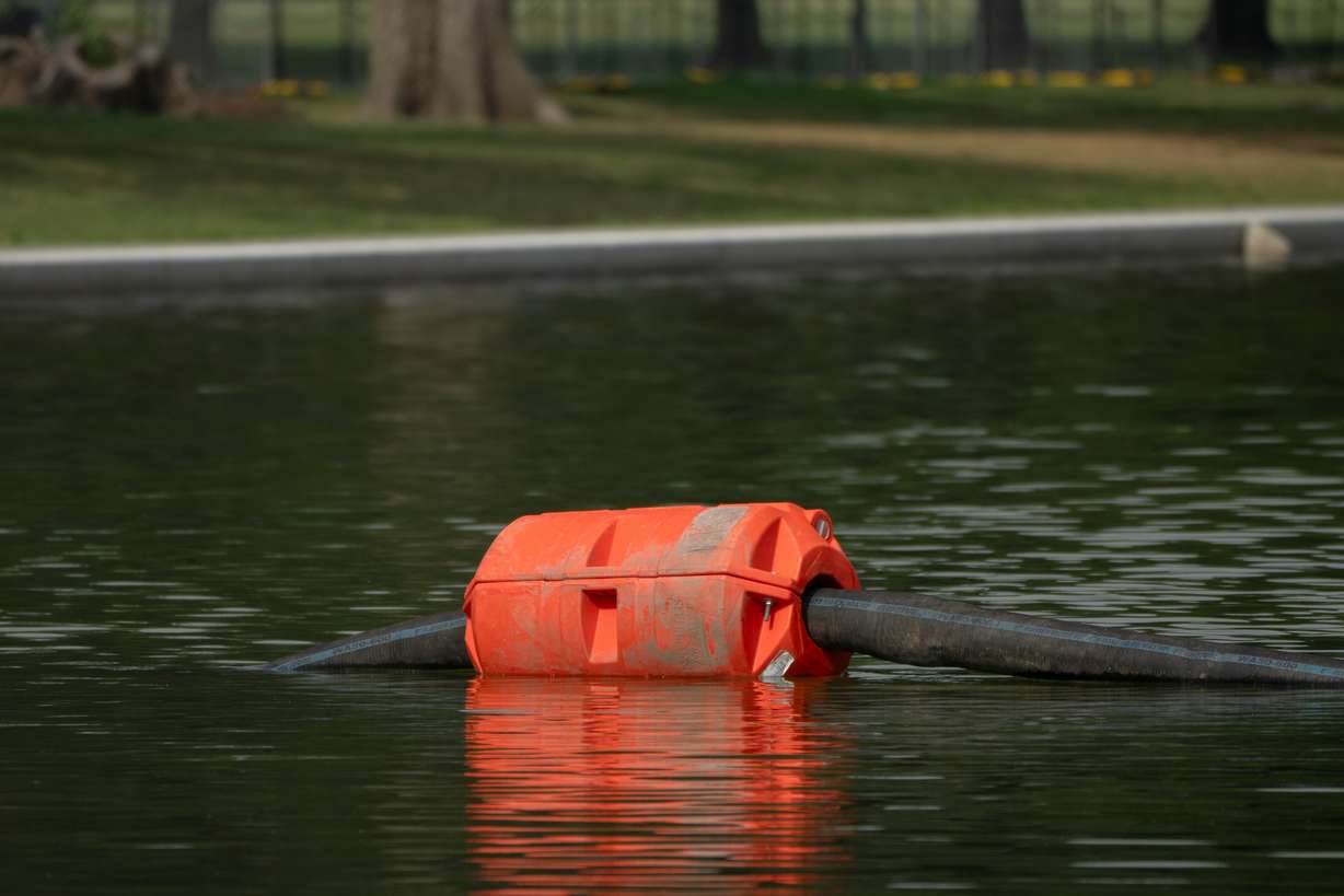 A length of hose supported by a float is pictured in the Lincoln Memorial Reflecting Pool, Friday, in Washington.