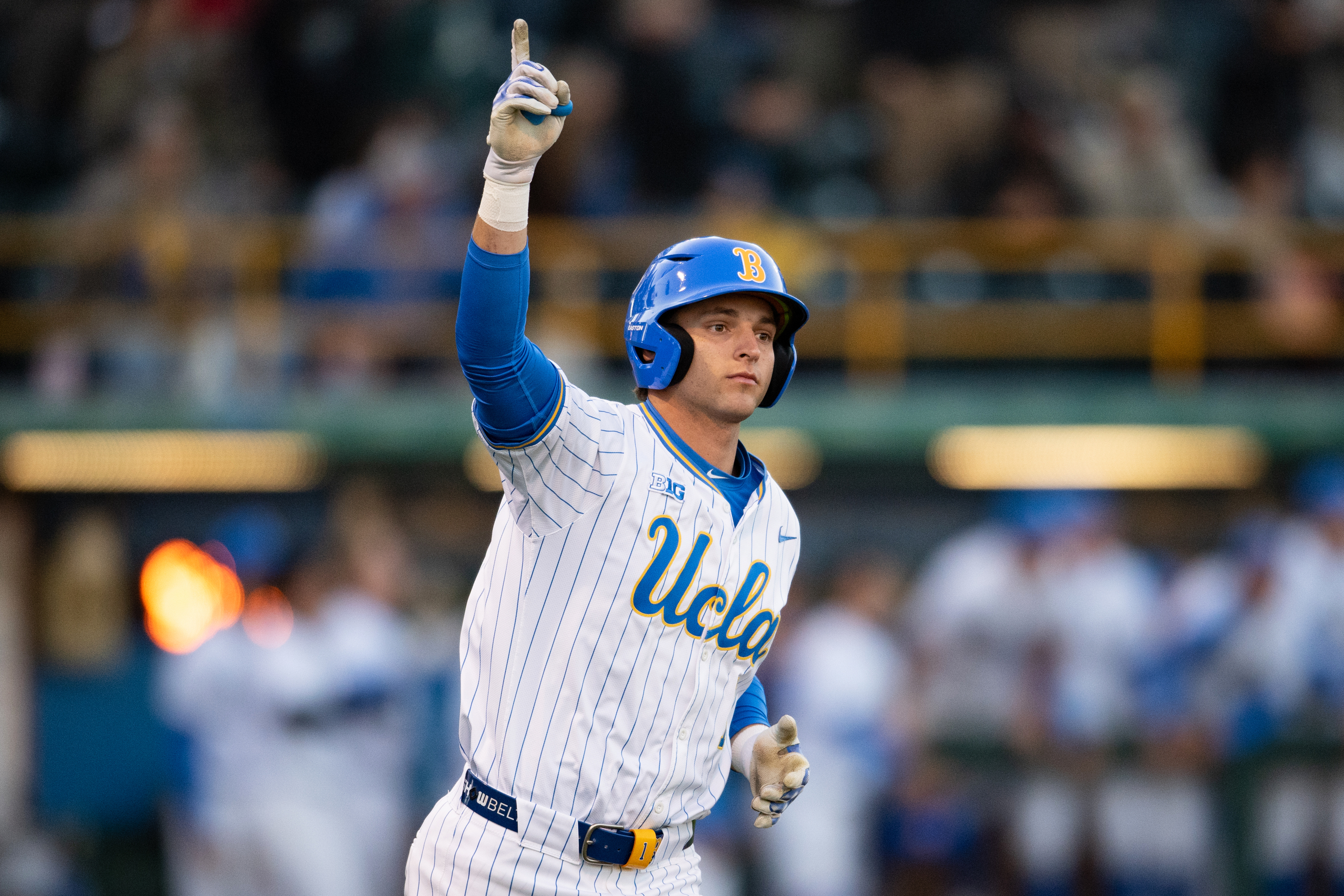 FILE - UCLA's Roch Cholowsky reacts after hitting a home run during an NCAA baseball game against Texas Christian, Feb. 20, 2025, in Los Angeles. 