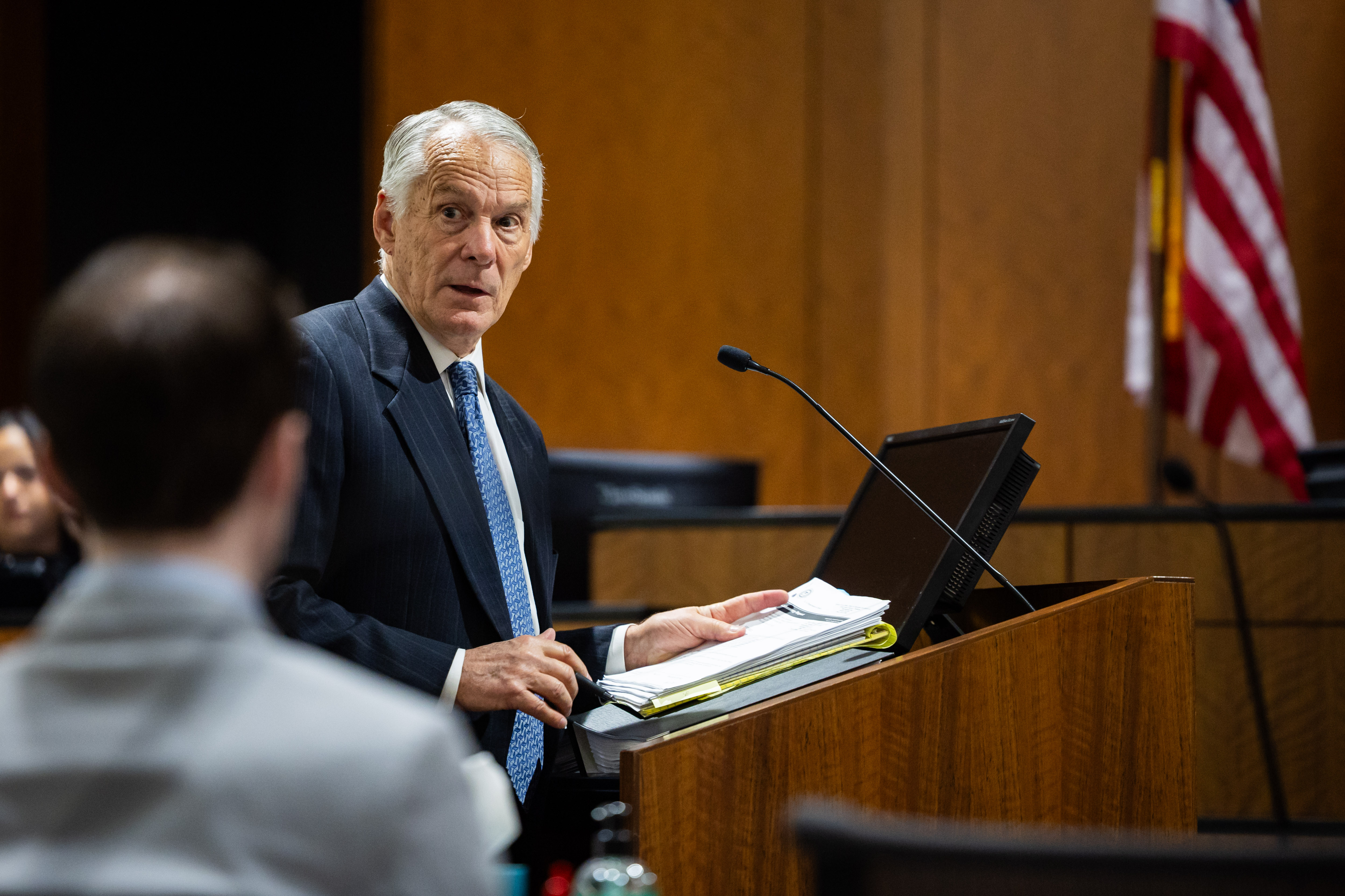 Defense attorney Michael Burt speaks during a preliminary hearing for Tyler Robinson, the Utah man accused of fatally shooting Charlie Kirk, at the 4th District Court in Provo on Friday.