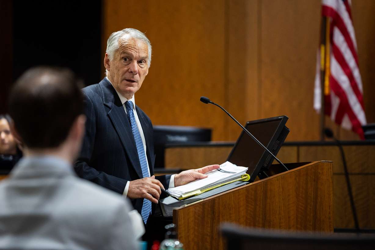 Defense attorney Michael Burt speaks during a preliminary hearing for Tyler Robinson, the Utah man accused of fatally shooting Charlie Kirk, at the 4th District Court in Provo on Friday.