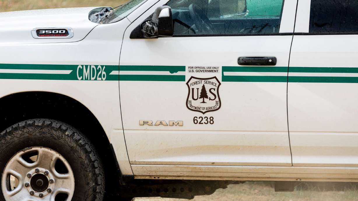 A U.S. Forest Service vehicle remains parked near Goshen Canyon Road as the Goshen Fire burns south of Goshen on April 22. A federal judge issued a two-month stay that prohibits the U.S. Department of Agriculture from implementing its overhaul, including moving the U.S. Forest Service headquarters to Salt Lake City.