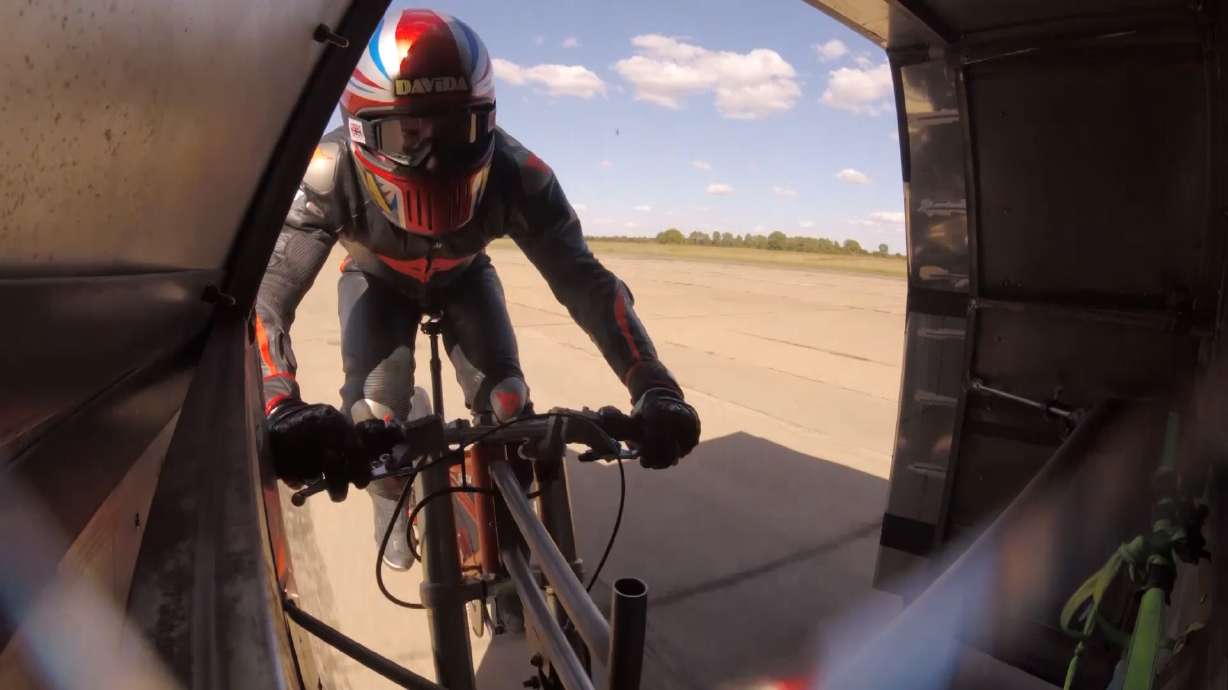 British cyclist Neil Campbell pictured on his bike while attempting to break the cycling land speed record at Bonneville Speedway.