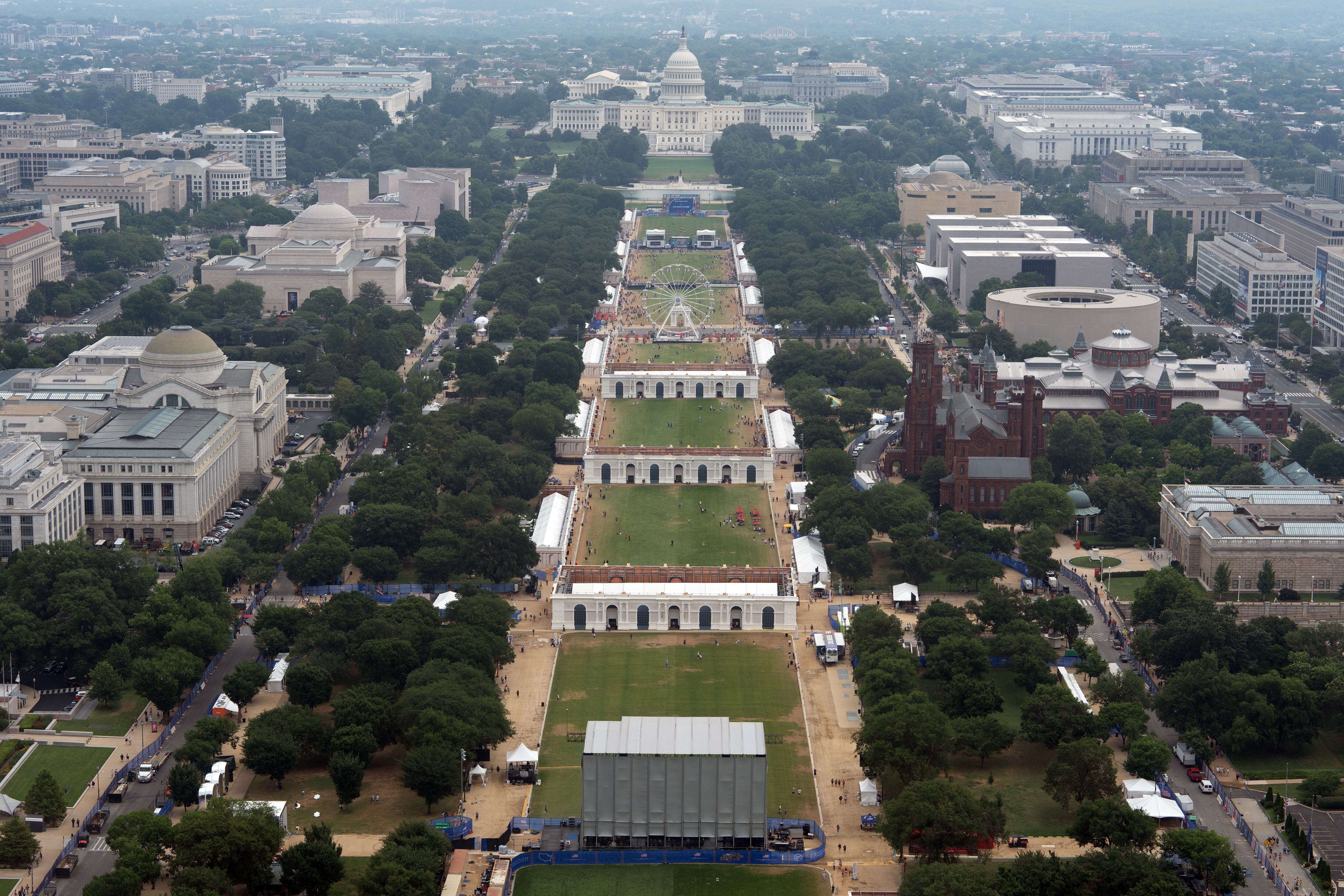 The Great American State Fair on the National Mall operates on its final day, as seen from the Washington Monument, Friday in Washington.