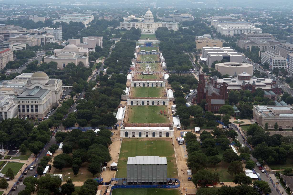 The Great American State Fair on the National Mall operates on its final day, as seen from the Washington Monument, Friday in Washington.