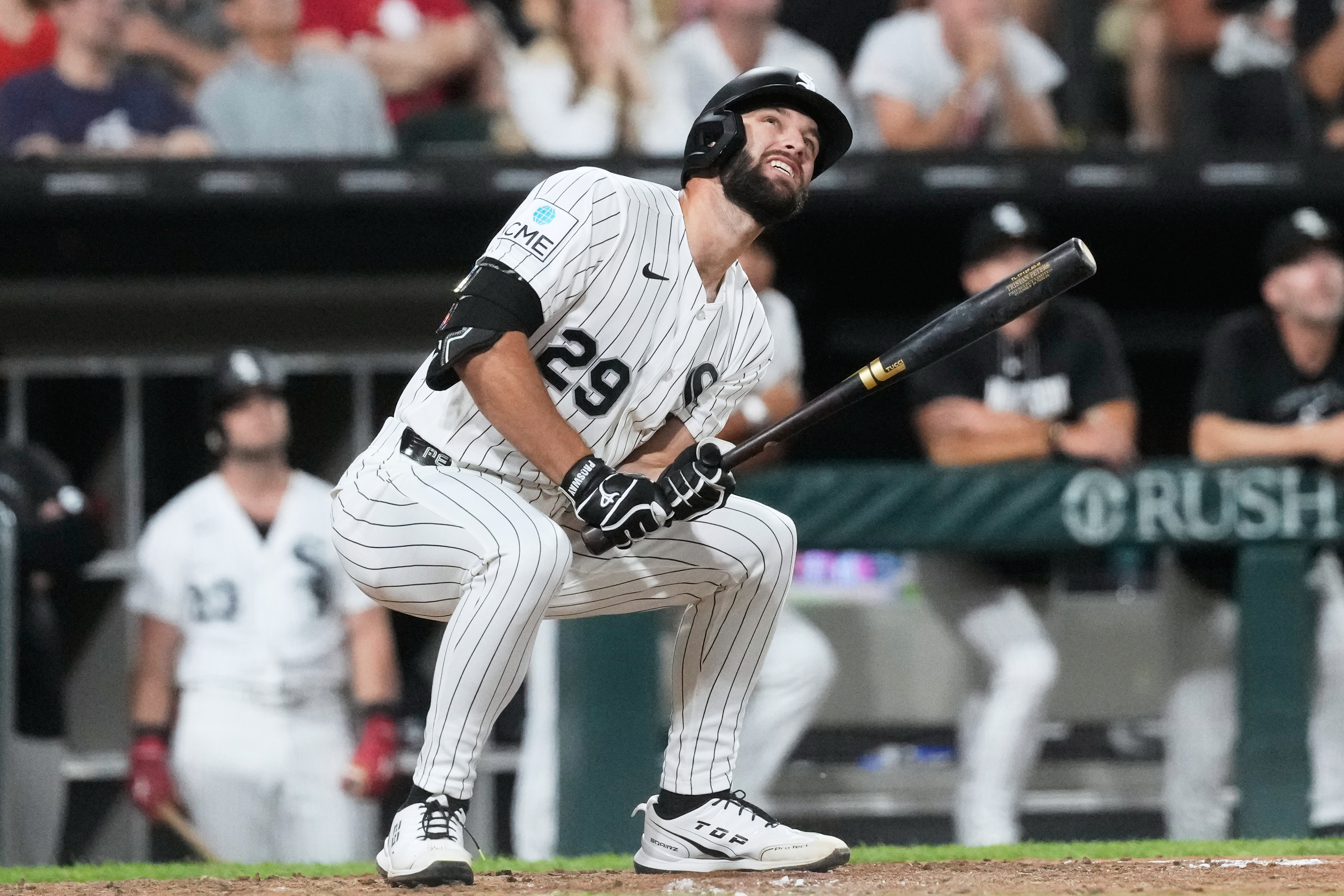 Chicago White Sox's Tristan Peters reacts after hitting a foul ball during the seventh inning of a baseball game against the Boston Red Sox in Chicago, Tuesday, July 7, 2026. 