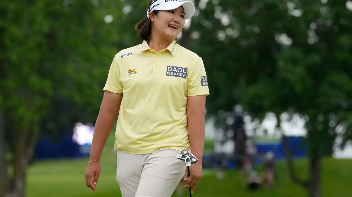 Haeran Ryu, of South Korea, reacts on the 18th green after a putt during the final round of the Women's PGA Championship golf tournament at Hazeltine National Golf Club, Sunday, June 28, 2026, in Chaska, Minn.