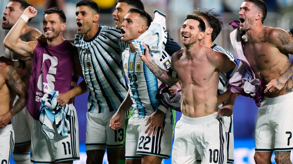 Argentina's Lionel Messi (10) and teammates celebrate their victory over Switzerland in the World Cup quarterfinal soccer match in Kansas City, Mo., Saturday, July 11, 2026.