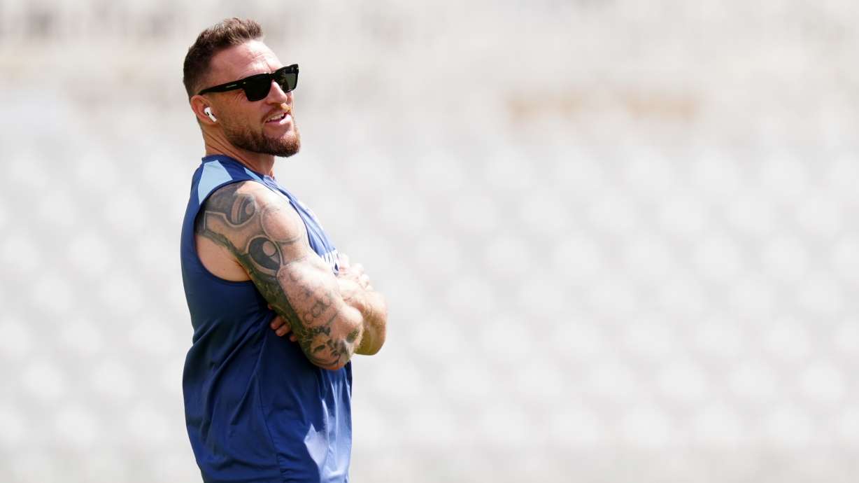 England head coach Brendon McCullum attends a nets session in Nottingham, England, Monday July 6, 2026.