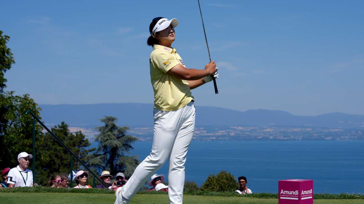 Haeran Ryu, of South Korea, plays on the 5th hole during the last round of the Evian Championship women's golf tournament, in Evian, eastern France, Sunday, July 12, 2026.