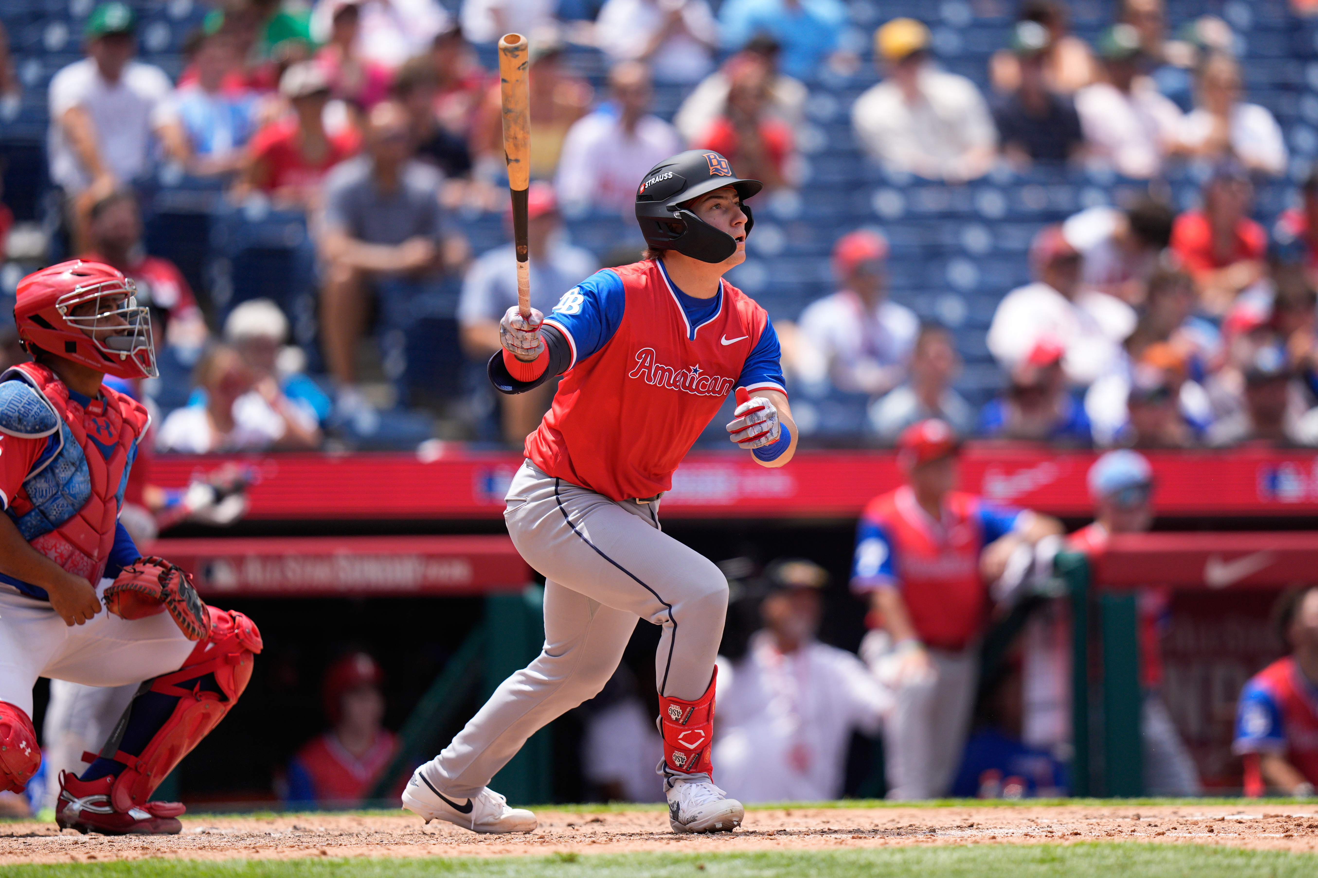 American League's Nathan Flewelling reacts to his two-run home run against National League pitcher Wen-Hui Pan in the sixth inning during the MLB All-Star Futures baseball game Sunday, July 12, 2026, in Philadelphia. 
