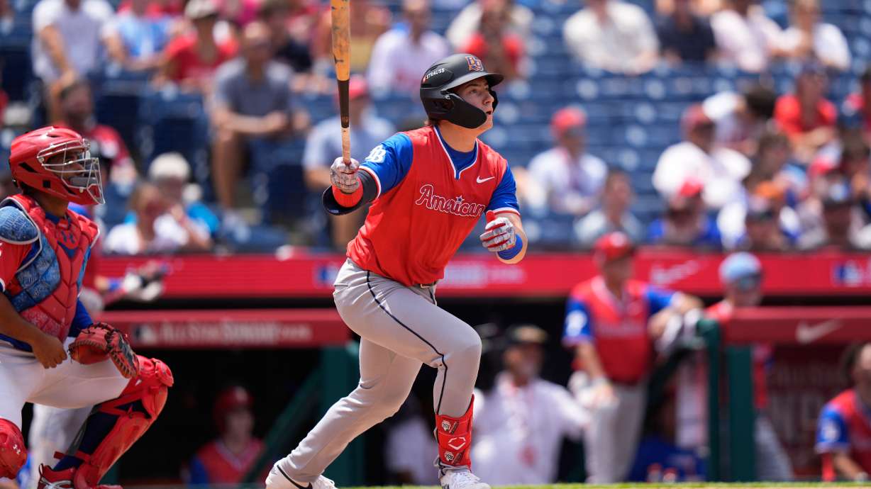 American League's Nathan Flewelling reacts to his two-run home run against National League pitcher Wen-Hui Pan in the sixth inning during the MLB All-Star Futures baseball game Sunday, July 12, 2026, in Philadelphia.