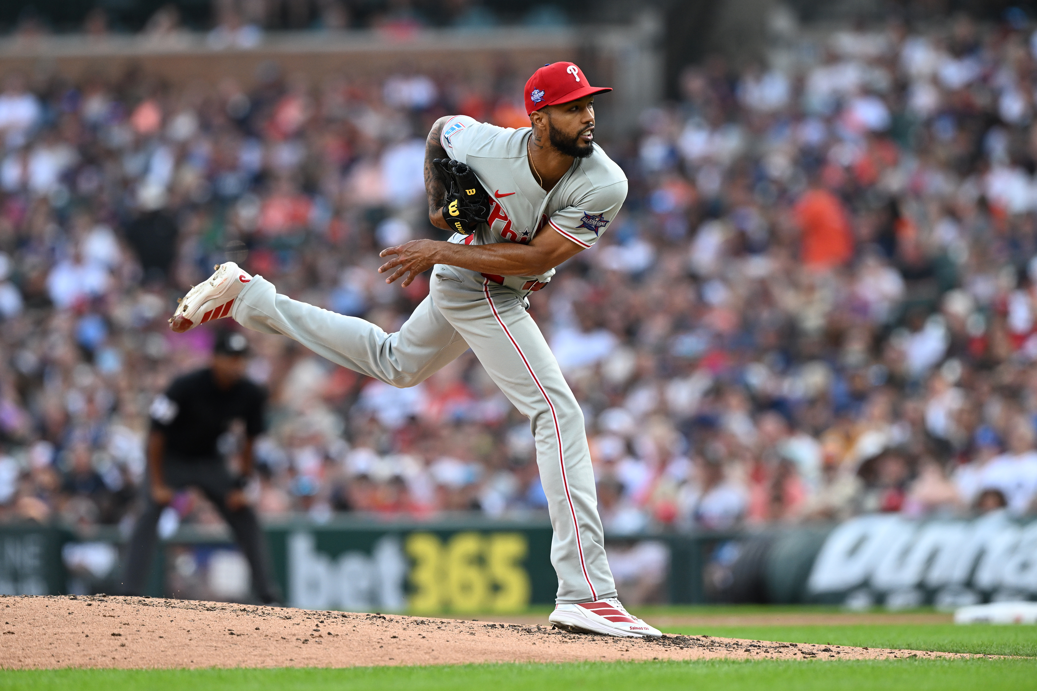Philadelphia Phillies pitcher Cristopher Sánchez throws against the Detroit Tigers in the sixth inning of a baseball game, Saturday, July 11, 2026, in Detroit. 