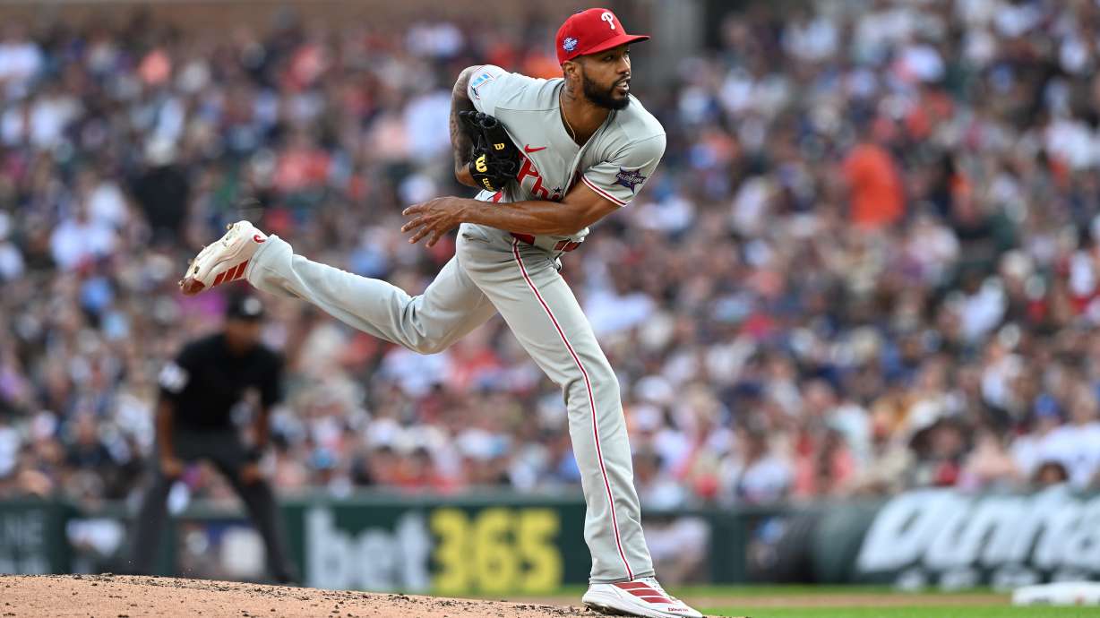 Philadelphia Phillies pitcher Cristopher Sánchez throws against the Detroit Tigers in the sixth inning of a baseball game, Saturday, July 11, 2026, in Detroit.