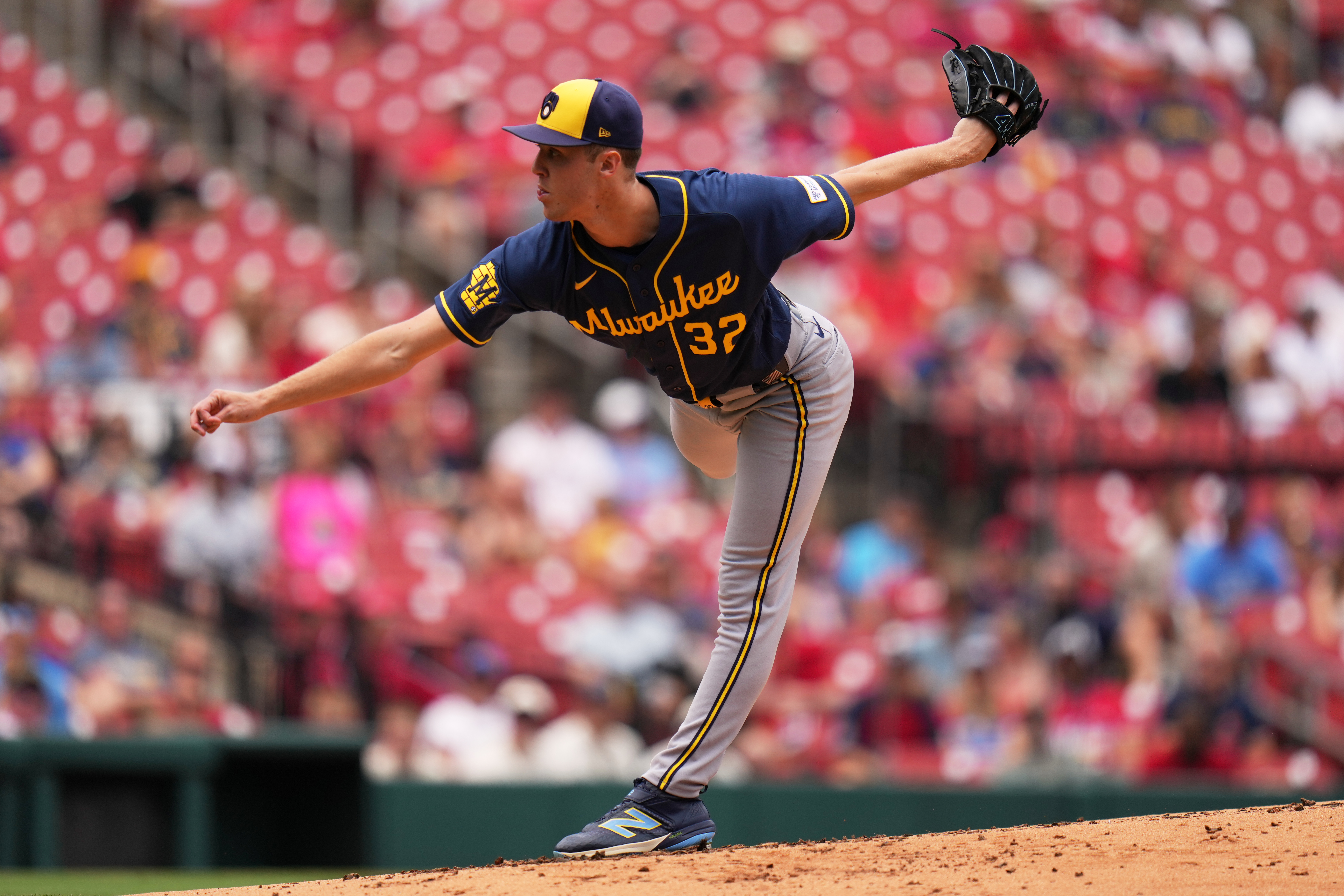 Milwaukee Brewers starting pitcher Jacob Misiorowski throws during the first inning in the first game of a baseball doubleheader against the St. Louis Cardinals Tuesday, July 7, 2026, in St. Louis. 