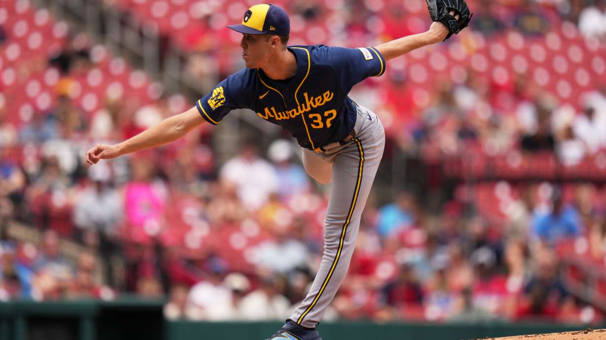 Milwaukee Brewers starting pitcher Jacob Misiorowski throws during the first inning in the first game of a baseball doubleheader against the St. Louis Cardinals Tuesday, July 7, 2026, in St. Louis.
