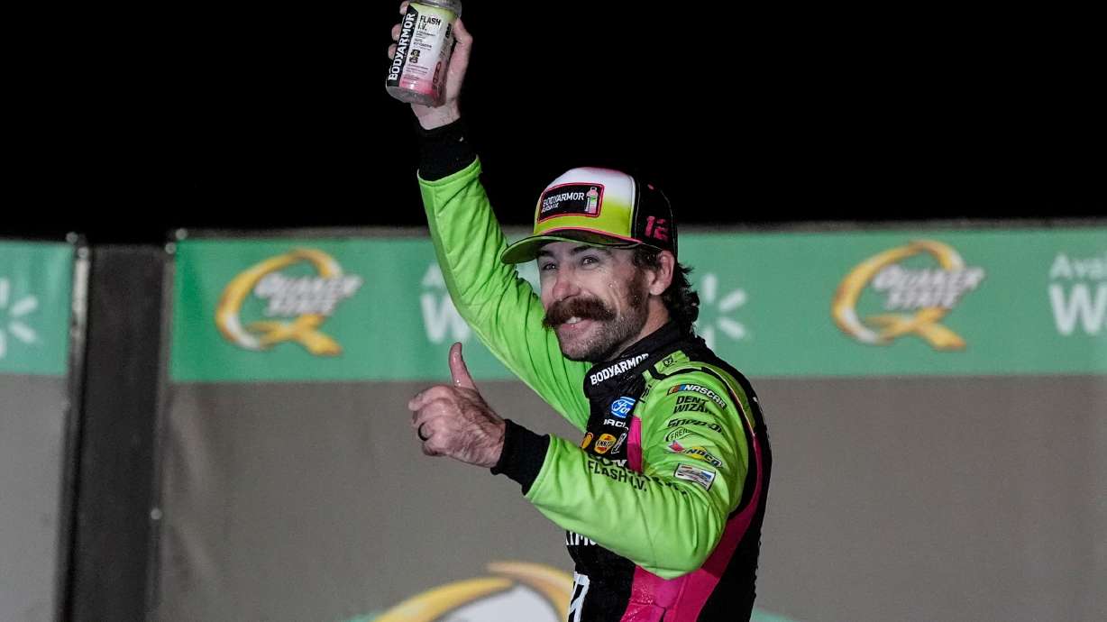 Ryan Blaney celebrates after winning a NASCAR Cup Series auto race, Sunday, July 12, 2026, in Hampton, Ga.
