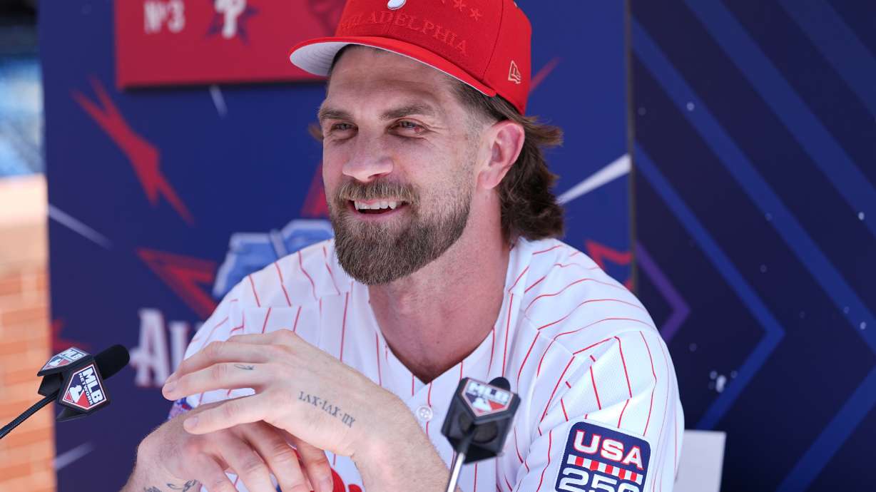 Philadelphia Phillies' Bryce Harper speaks with members of the media during the MLB baseball All-Star Week, Monday, July 13, 2026, in Philadelphia.